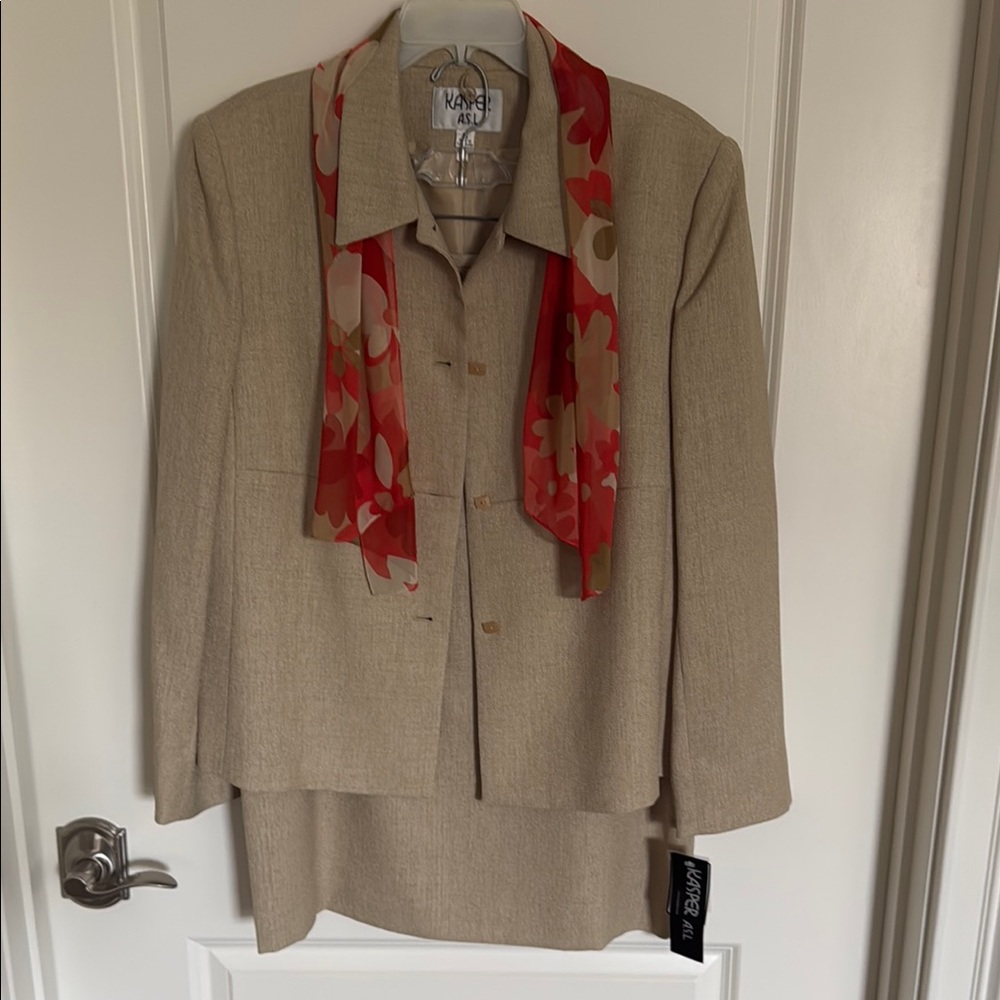 Kasper Tan Blazer and Skirt Set with Red Scarf
